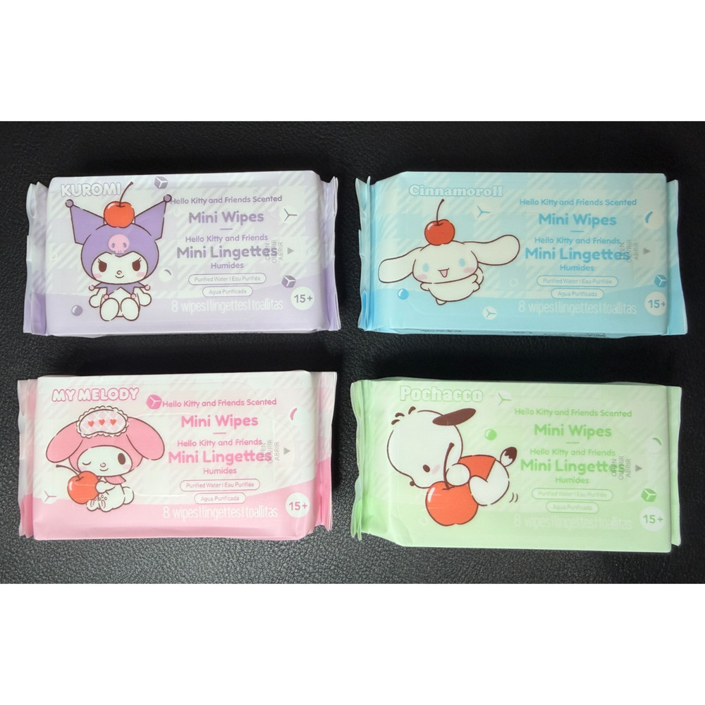 Sanrio Miniso Summer Mini Wipes Set 4 Pack Pochacco Cinnamoroll My Melody Kuromi
